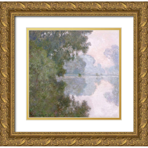 Morning on the Seine, Near Giverny Gold Ornate Wood Framed Art Print with Double Matting by Monet, Claude
