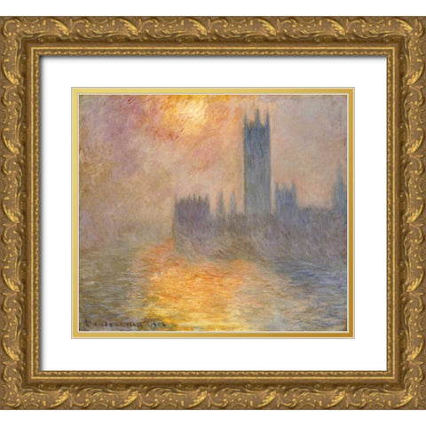 Parliament at Sunset Gold Ornate Wood Framed Art Print with Double Matting by Monet, Claude