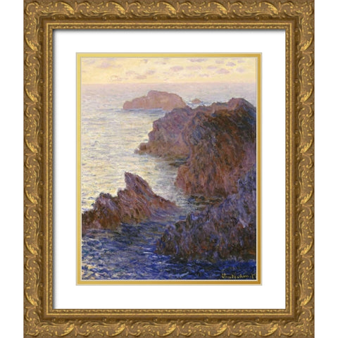 Rocky Point at Port-Goulphar, 1886 Gold Ornate Wood Framed Art Print with Double Matting by Monet, Claude