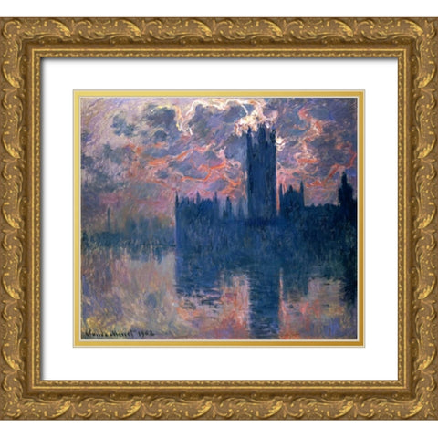 Parliament, Sunset Gold Ornate Wood Framed Art Print with Double Matting by Monet, Claude