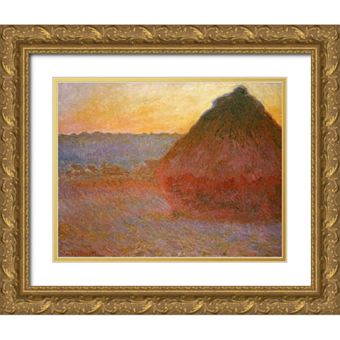 Haystacks, Pink and Blue Impressions Gold Ornate Wood Framed Art Print with Double Matting by Monet, Claude