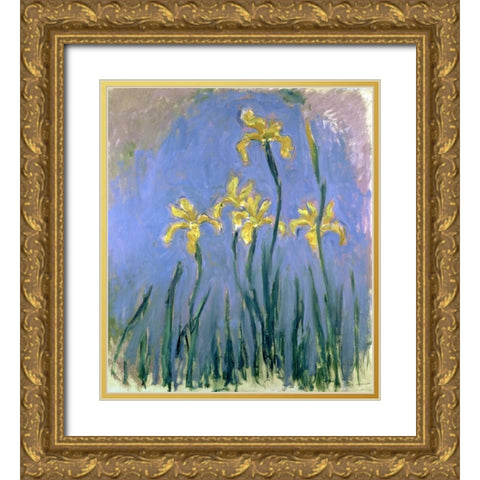 Yellow Irises Gold Ornate Wood Framed Art Print with Double Matting by Monet, Claude