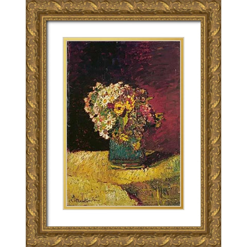 A Vase of Flowers Gold Ornate Wood Framed Art Print with Double Matting by Monticelli, Adolphe Joseph Thomas