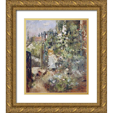 A Child In the Rosebeds Gold Ornate Wood Framed Art Print with Double Matting by Morisot, Berthe