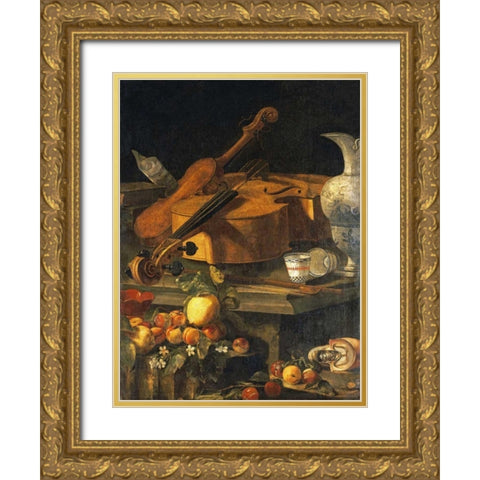 A Violin, a Cello, a Bow, a Sheet Gold Ornate Wood Framed Art Print with Double Matting by Munari, Christoforo