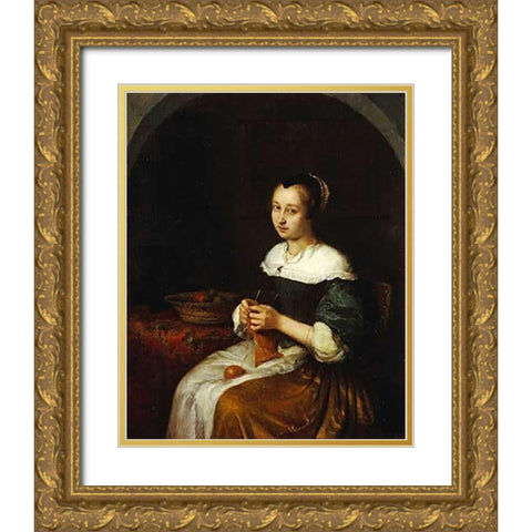 A Woman Knitting With a Basket of Fruit Gold Ornate Wood Framed Art Print with Double Matting by Netscher, Caspar