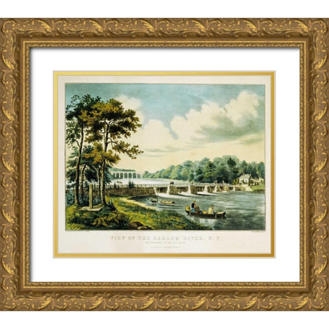 View On The Harlem River, N.Y., The Highbridge In The Distance Gold Ornate Wood Framed Art Print with Double Matting by Palmer, Frances Flora Bond