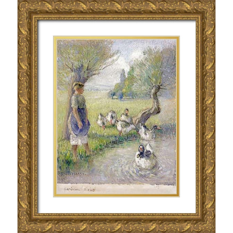 The Goose Girl Gold Ornate Wood Framed Art Print with Double Matting by Pissarro, Camille