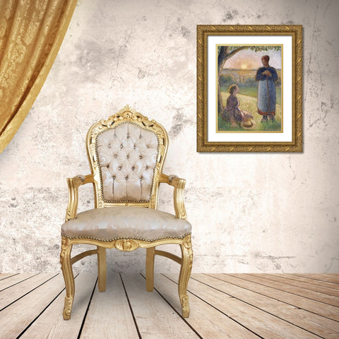 Country Women Chatting, Sunset, Eragny Gold Ornate Wood Framed Art Print with Double Matting by Pissarro, Camille