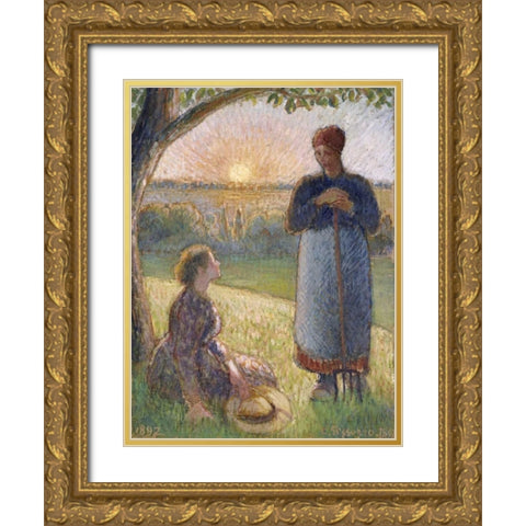 Country Women Chatting, Sunset, Eragny Gold Ornate Wood Framed Art Print with Double Matting by Pissarro, Camille
