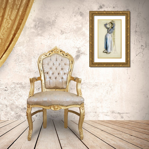Country Girl Leaning Against a Tree Gold Ornate Wood Framed Art Print with Double Matting by Pissarro, Camille