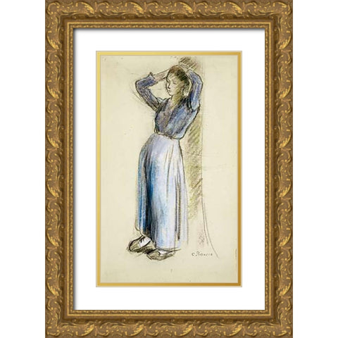 Country Girl Leaning Against a Tree Gold Ornate Wood Framed Art Print with Double Matting by Pissarro, Camille