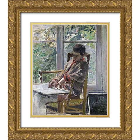 Seated Figure (Lucien) Gold Ornate Wood Framed Art Print with Double Matting by Pissarro, Camille
