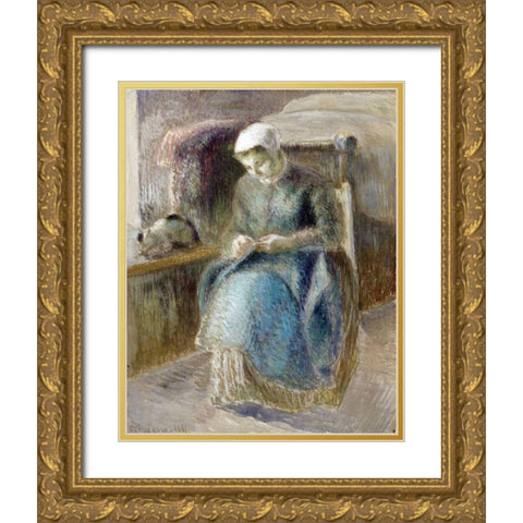 Woman Sewing Gold Ornate Wood Framed Art Print with Double Matting by Pissarro, Camille