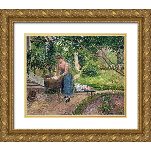 Washerwoman at Eragny Gold Ornate Wood Framed Art Print with Double Matting by Pissarro, Camille