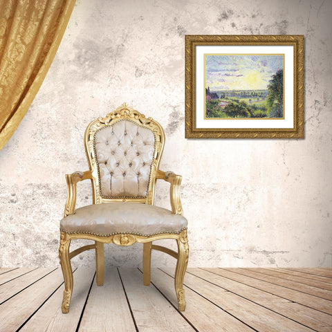Sunset at Eragny Gold Ornate Wood Framed Art Print with Double Matting by Pissarro, Camille
