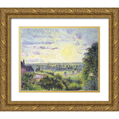 Sunset at Eragny Gold Ornate Wood Framed Art Print with Double Matting by Pissarro, Camille