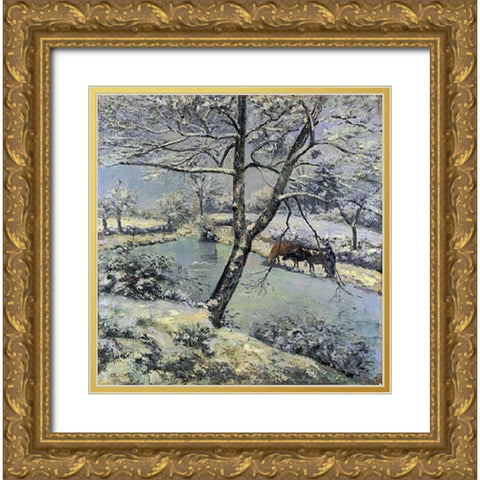 Winter at Montfoucault with Snow, 1875 Gold Ornate Wood Framed Art Print with Double Matting by Pissarro, Camille