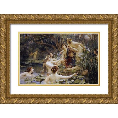 Hylas and The Water Nymphs Gold Ornate Wood Framed Art Print with Double Matting by Rae, Henrietta