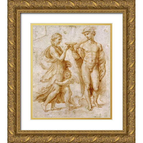 Mercury Offering The Cup of Immortality To Psyche Gold Ornate Wood Framed Art Print with Double Matting by Raphael