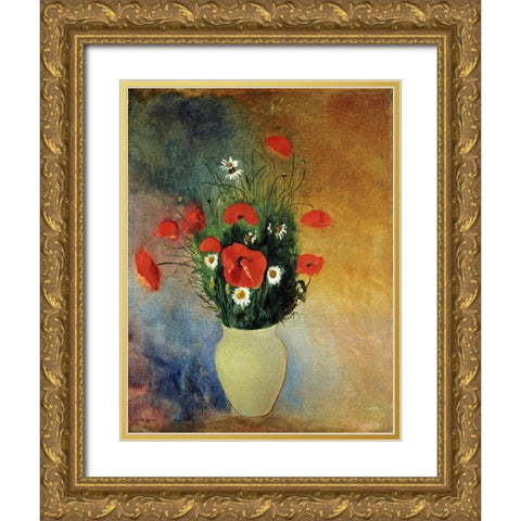 Poppies and Daisies Gold Ornate Wood Framed Art Print with Double Matting by Redon, Odilion