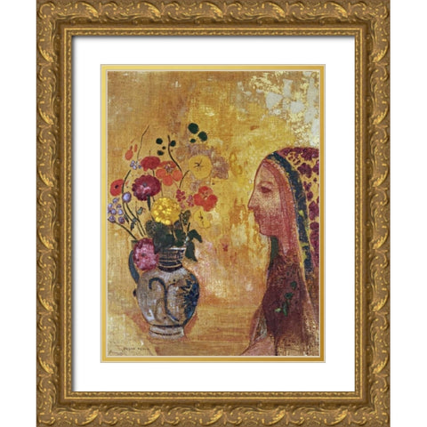 Profile of a Woman Gold Ornate Wood Framed Art Print with Double Matting by Redon, Odilion