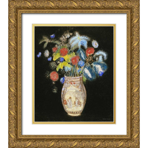 Large Bouquet on a Black Background Gold Ornate Wood Framed Art Print with Double Matting by Redon, Odilion