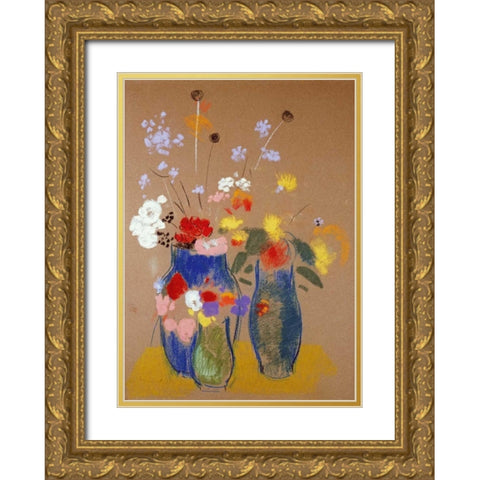 Three Vases of Flowers Gold Ornate Wood Framed Art Print with Double Matting by Redon, Odilion