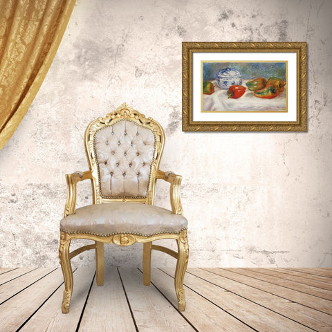 Still Life With a Blue Sugar Bowl and Peppers Gold Ornate Wood Framed Art Print with Double Matting by Renoir, Pierre-Auguste