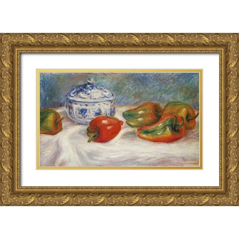 Still Life With a Blue Sugar Bowl and Peppers Gold Ornate Wood Framed Art Print with Double Matting by Renoir, Pierre-Auguste