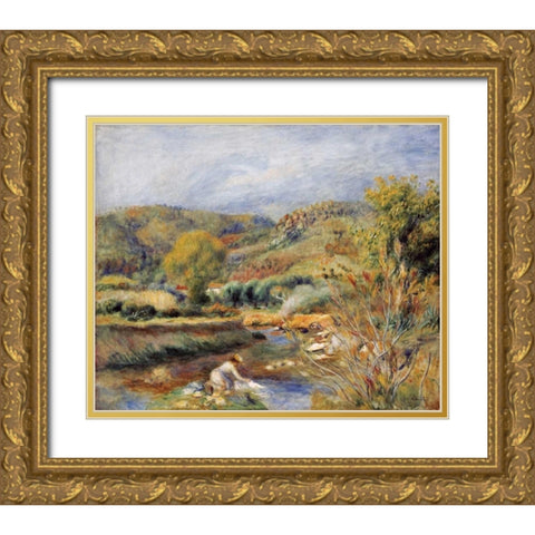 The Washerwoman Gold Ornate Wood Framed Art Print with Double Matting by Renoir, Pierre-Auguste