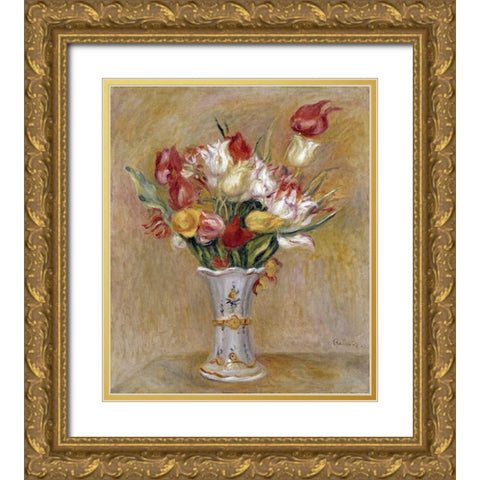 Tulipes Gold Ornate Wood Framed Art Print with Double Matting by Renoir, Pierre-Auguste