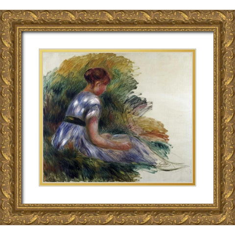Alice Gamby In The Garden Gold Ornate Wood Framed Art Print with Double Matting by Renoir, Pierre-Auguste