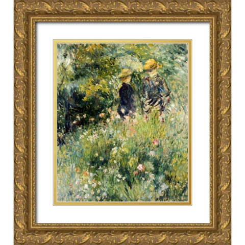 Conversation Dans Une Roseraie Gold Ornate Wood Framed Art Print with Double Matting by Renoir, Pierre-Auguste