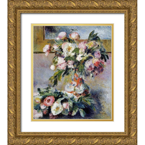 Peonies Gold Ornate Wood Framed Art Print with Double Matting by Renoir, Pierre-Auguste