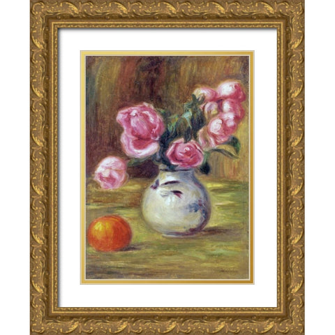 Vase de roses et orange Gold Ornate Wood Framed Art Print with Double Matting by Renoir, Pierre-Auguste