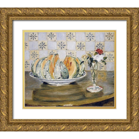 Still Life of a Melon and a Vase of Flowers Gold Ornate Wood Framed Art Print with Double Matting by Renoir, Pierre-Auguste