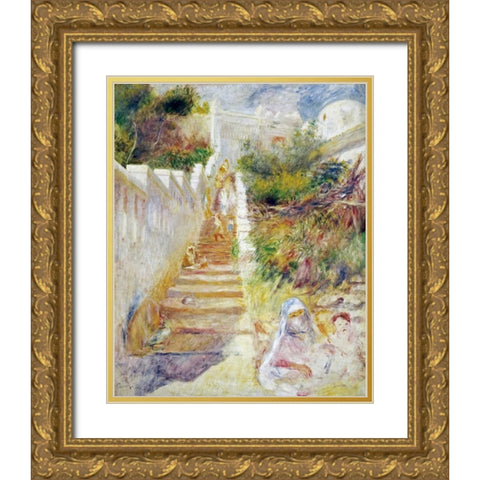 The Steps, Algiers Gold Ornate Wood Framed Art Print with Double Matting by Renoir, Pierre-Auguste