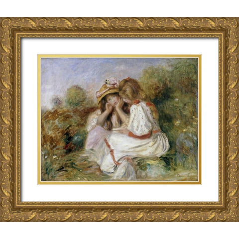 Deux Fillettes Gold Ornate Wood Framed Art Print with Double Matting by Renoir, Pierre-Auguste