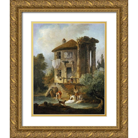 Washerwomen Outside The Temple of The Sibyl, Tivoli Gold Ornate Wood Framed Art Print with Double Matting by Robert, Hubert