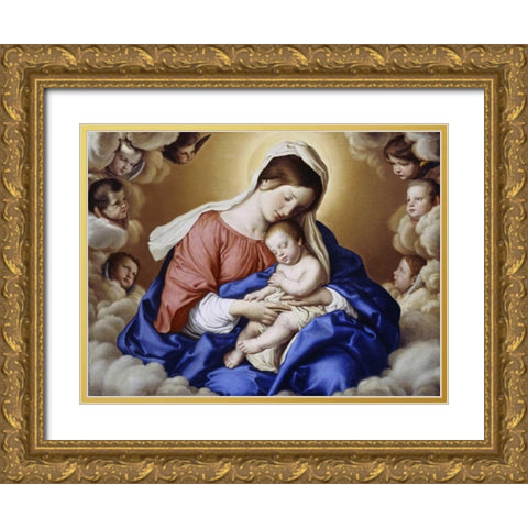 The Madonna and Child In Glory With Cherubs Gold Ornate Wood Framed Art Print with Double Matting by Salvi, Giovanni Battista