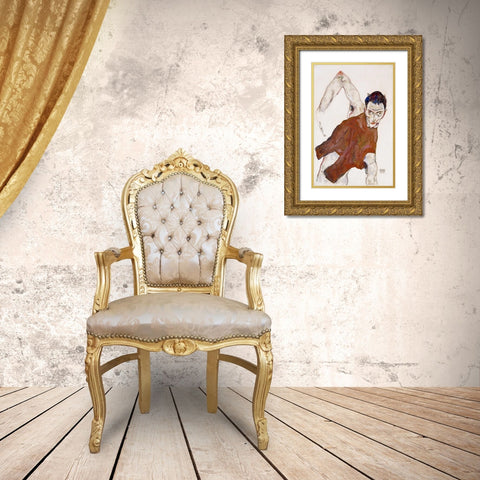 Self Portrait In a Jerkin Gold Ornate Wood Framed Art Print with Double Matting by Schiele, Egon