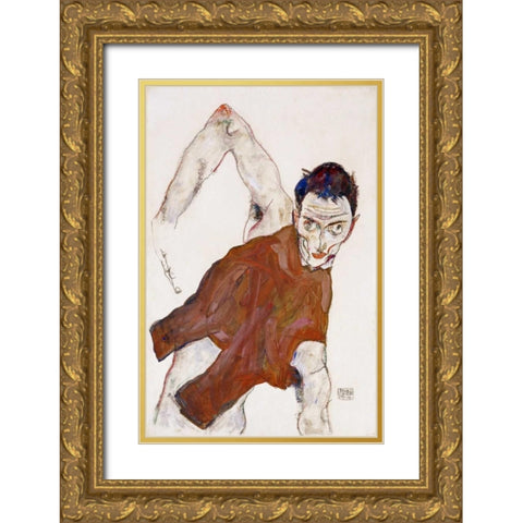 Self Portrait In a Jerkin Gold Ornate Wood Framed Art Print with Double Matting by Schiele, Egon