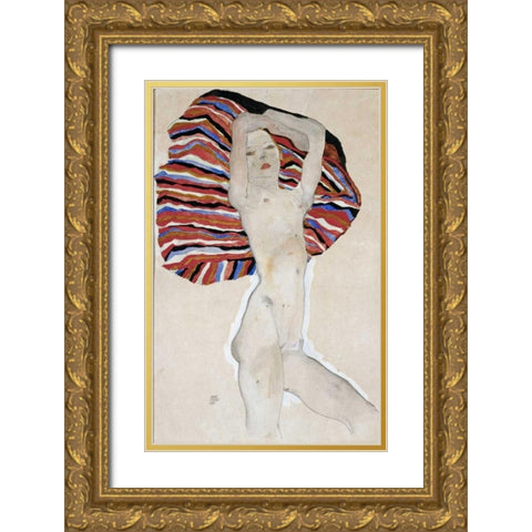 Nude with Colored Fabric, 1911 Gold Ornate Wood Framed Art Print with Double Matting by Schiele, Egon