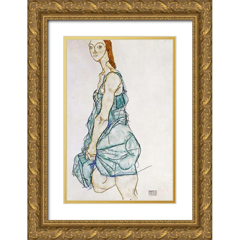 Upright Standing Woman Gold Ornate Wood Framed Art Print with Double Matting by Schiele, Egon