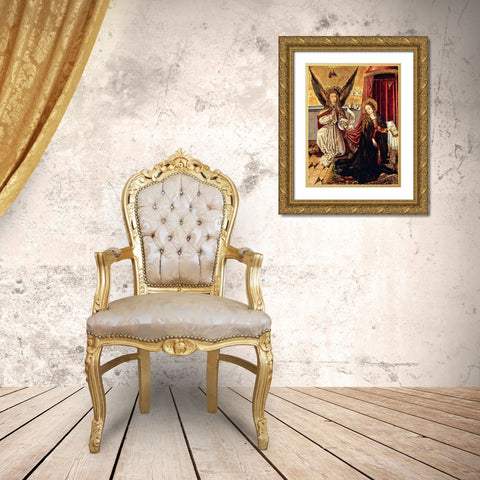 The Annunciation Gold Ornate Wood Framed Art Print with Double Matting by Schongauer, Martin