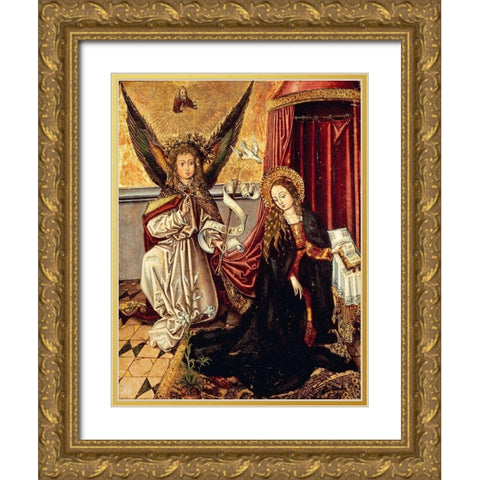 The Annunciation Gold Ornate Wood Framed Art Print with Double Matting by Schongauer, Martin