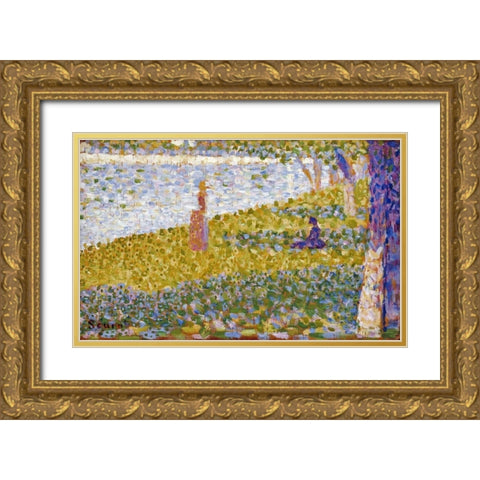 Women On The River Bank Gold Ornate Wood Framed Art Print with Double Matting by Seurat, Georges