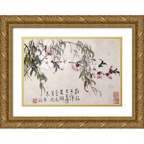 Willow and Peach Blossoms Gold Ornate Wood Framed Art Print with Double Matting by Shan, Li