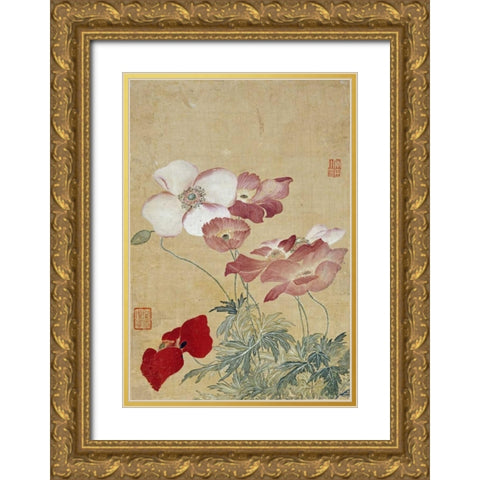 Poppies Gold Ornate Wood Framed Art Print with Double Matting by Shouping, Yun